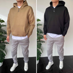 Худі чоловічі на флісі (чорний) оптом THREE BLACK 