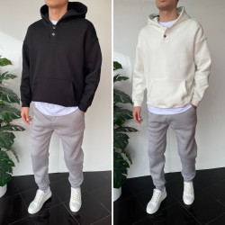 Худі чоловічі на флісі (молочний) оптом THREE BLACK 