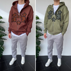 Спортивні кофти чоловічі на флісі (хакі) оптом THREE BLACK