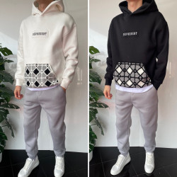 Худі чоловічі на флісі (молочний) оптом THREE BLACK 